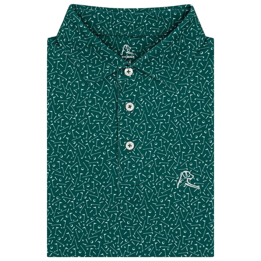 Rhoback The Mulligan Performance Polo Shirt Green Golf Pins Print Mens novelty L - Picture 10 of 10